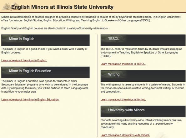 The English Minors at Illinois State University web page. The page is organized visually into sections with major headings set against black backgrounds.