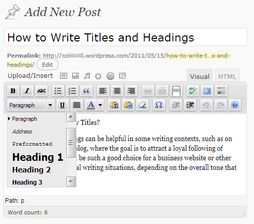The pull down menu provides various options for formatting the text correctly such as paragraph, address, preformatted, heading 1, heading2, heading 3, etc.